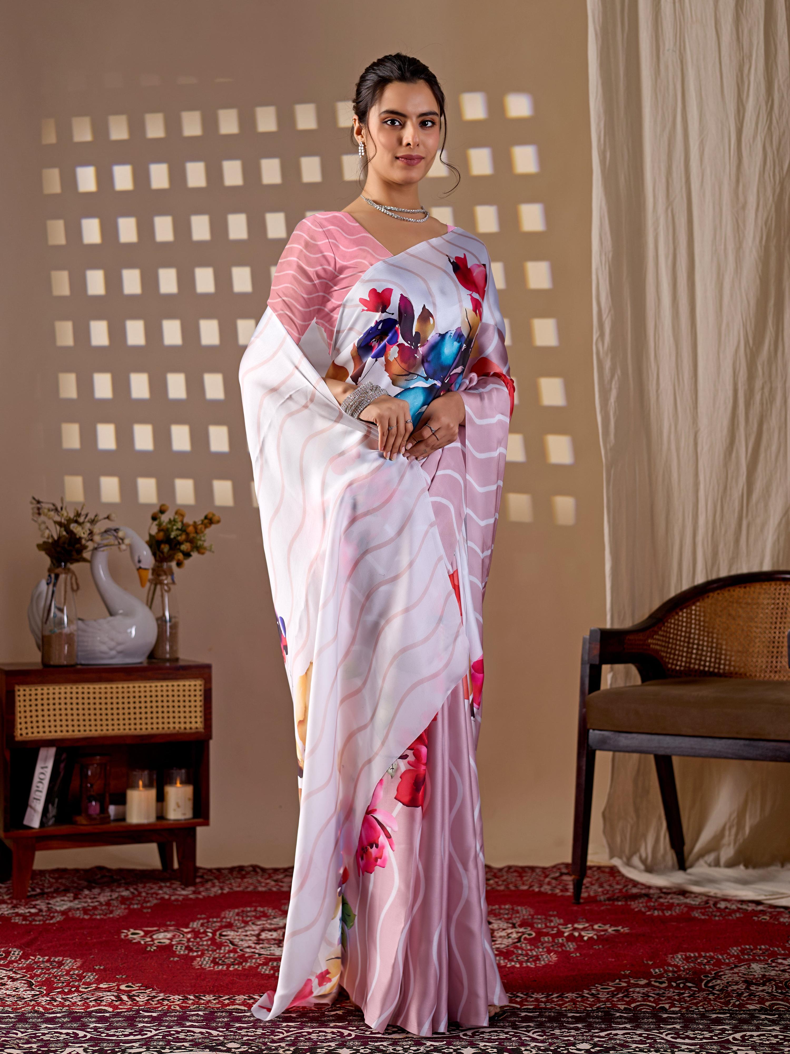 Aastha Fashion Peach Soft Satin Georgette Printed Saree | Grocsy