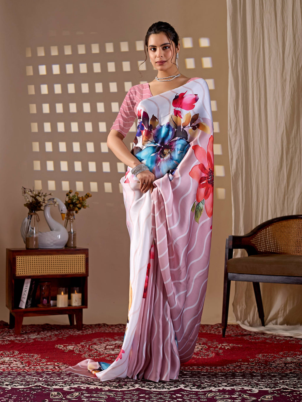 Aastha Fashion Peach Soft Satin Georgette Printed Saree | Grocsy