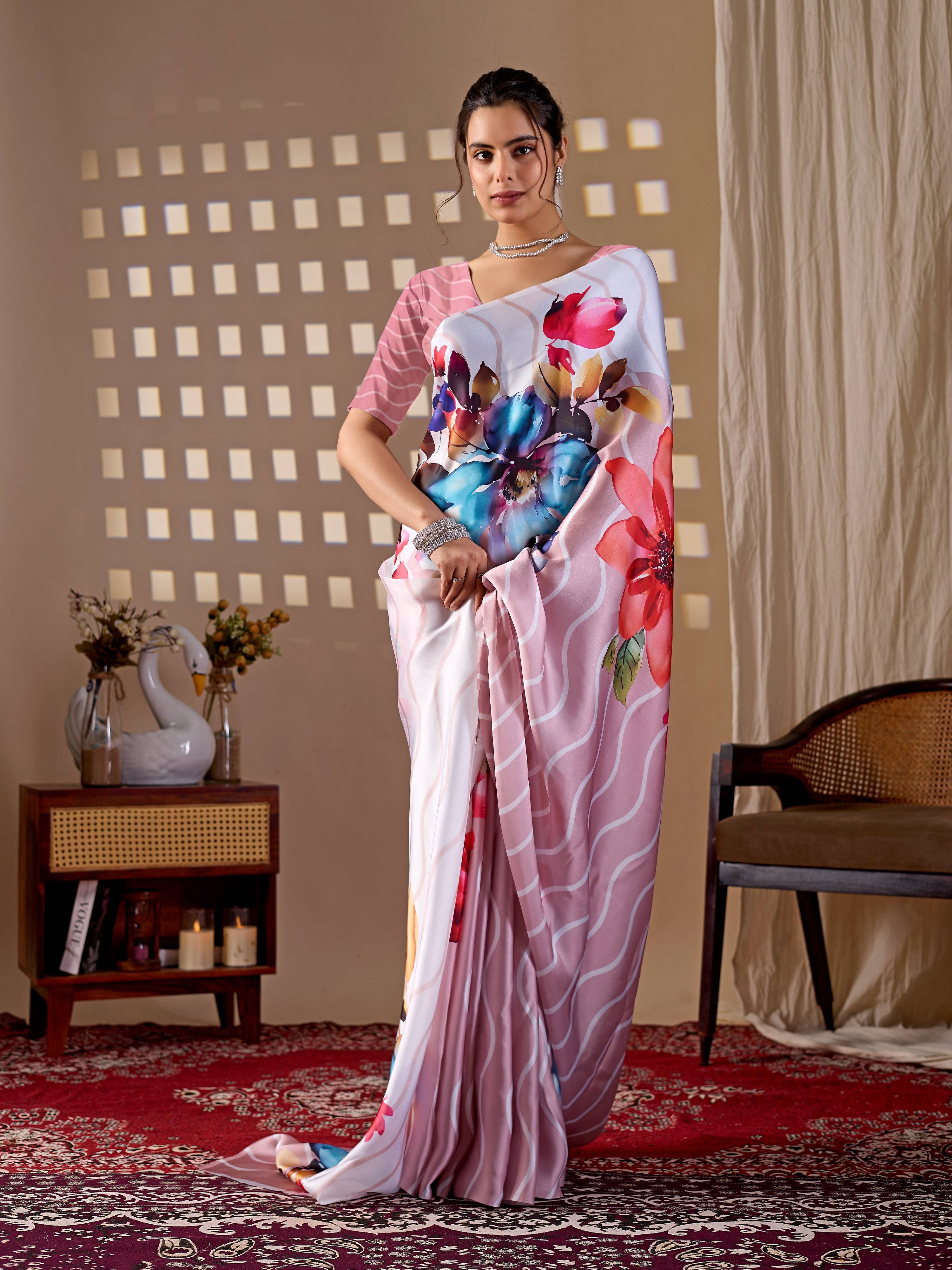 Aastha Fashion Peach Soft Satin Georgette Printed Saree | Grocsy