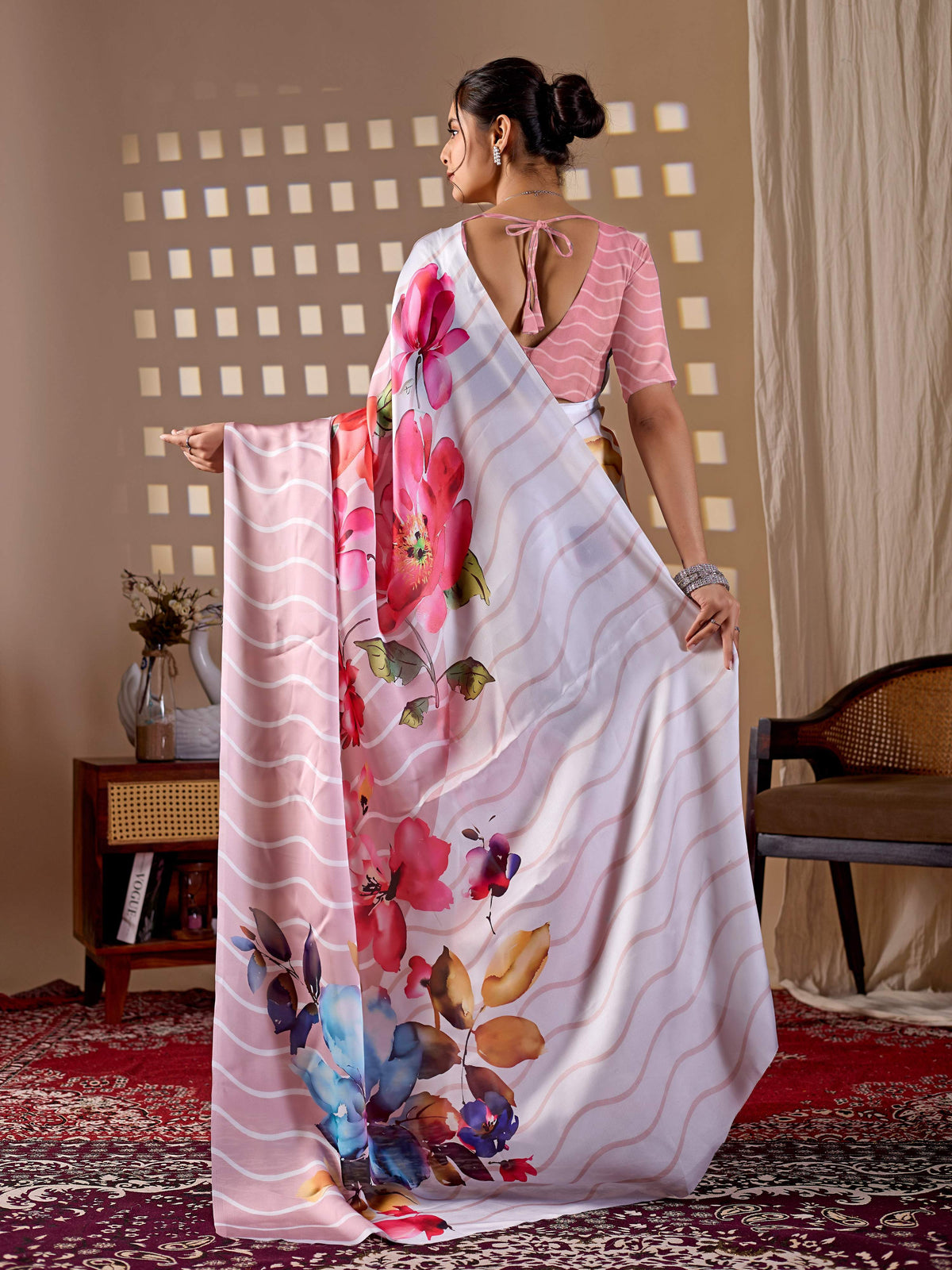 Aastha Fashion Peach Soft Satin Georgette Printed Saree | Grocsy