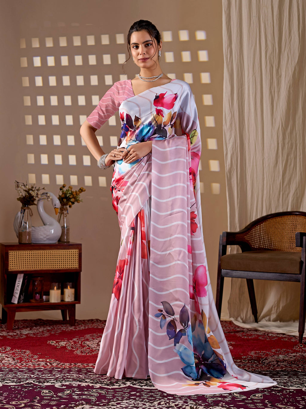 Aastha Fashion Peach Soft Satin Georgette Printed Saree | Grocsy