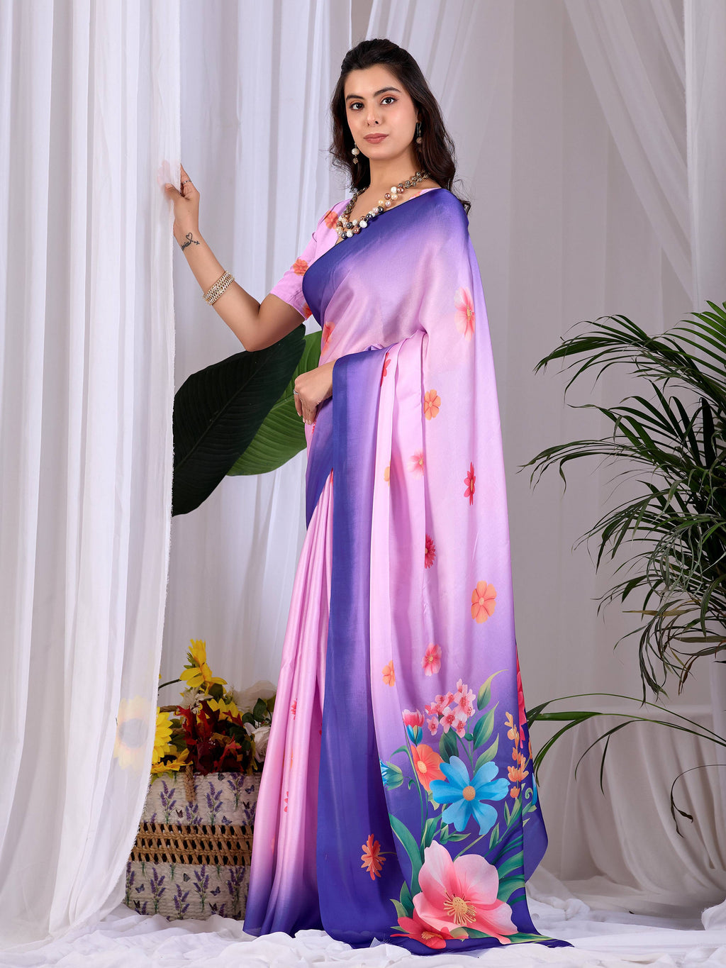 Aastha Fashion Pink Soft Satin Georgette Printed Saree | Grocsy
