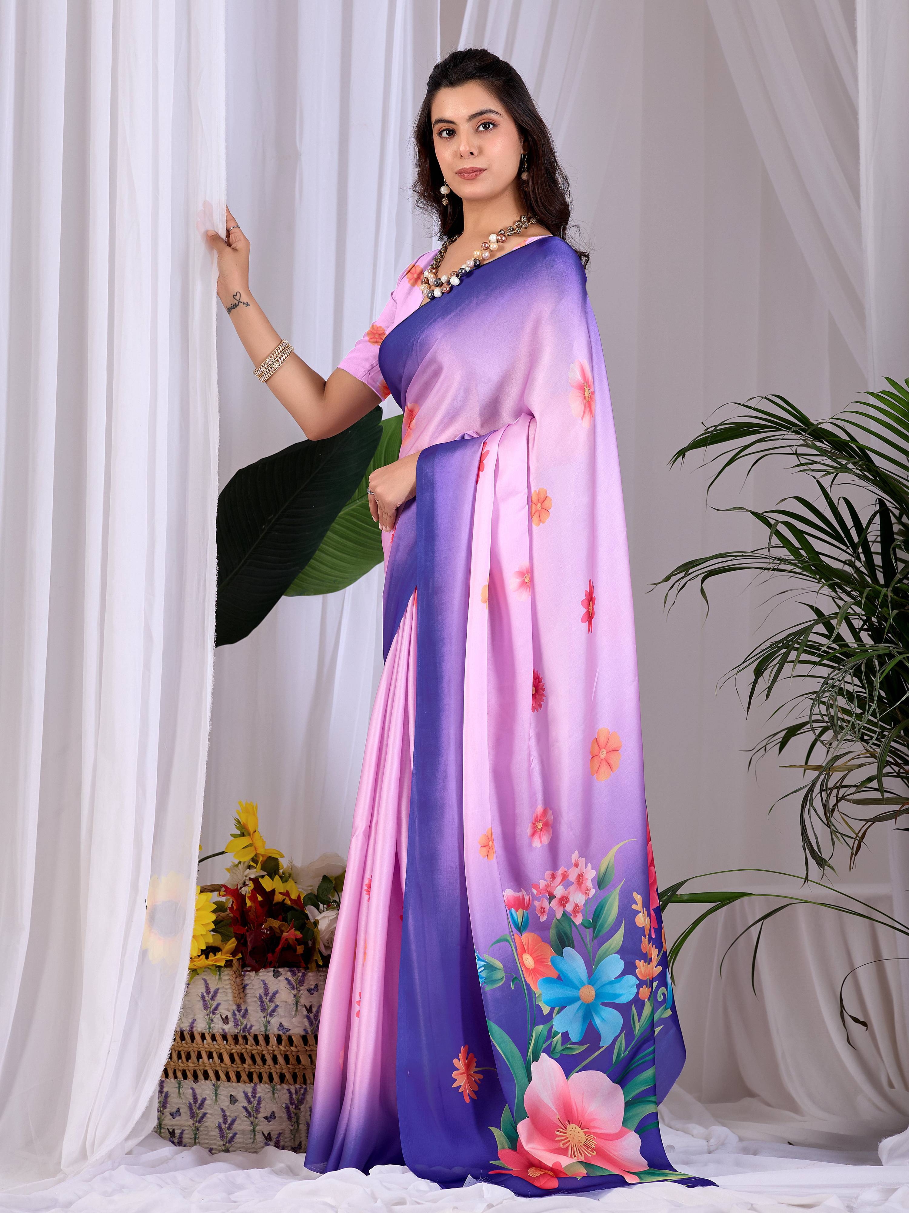 Aastha Fashion Pink Soft Satin Georgette Printed Saree | Grocsy