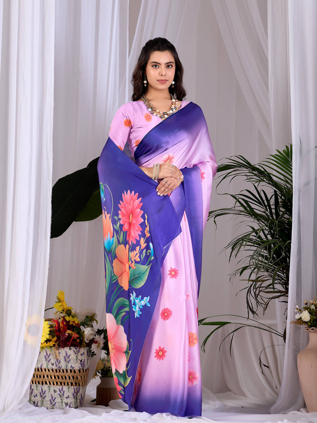 Aastha Fashion Pink Soft Satin Georgette Printed Saree | Grocsy