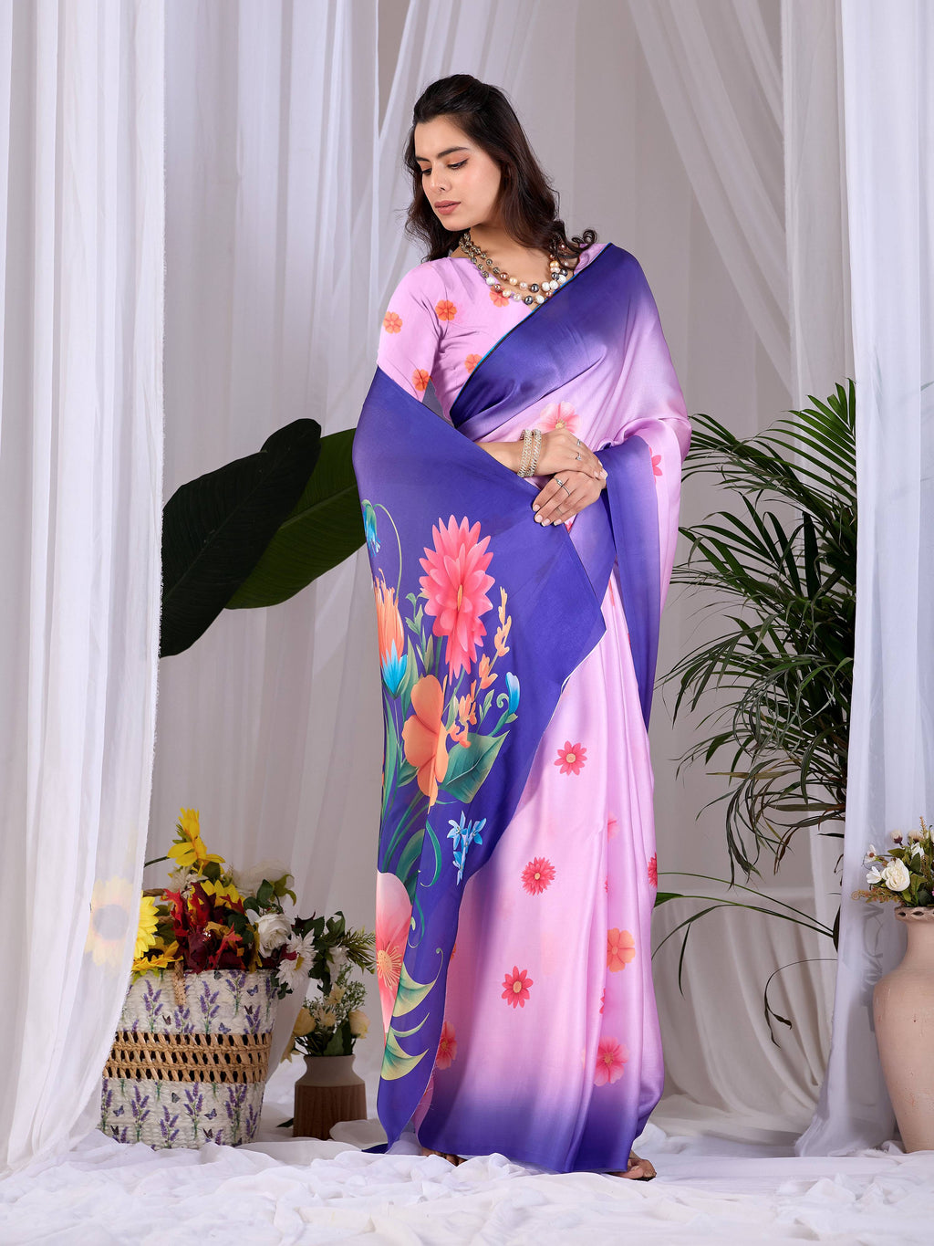 Aastha Fashion Pink Soft Satin Georgette Printed Saree | Grocsy