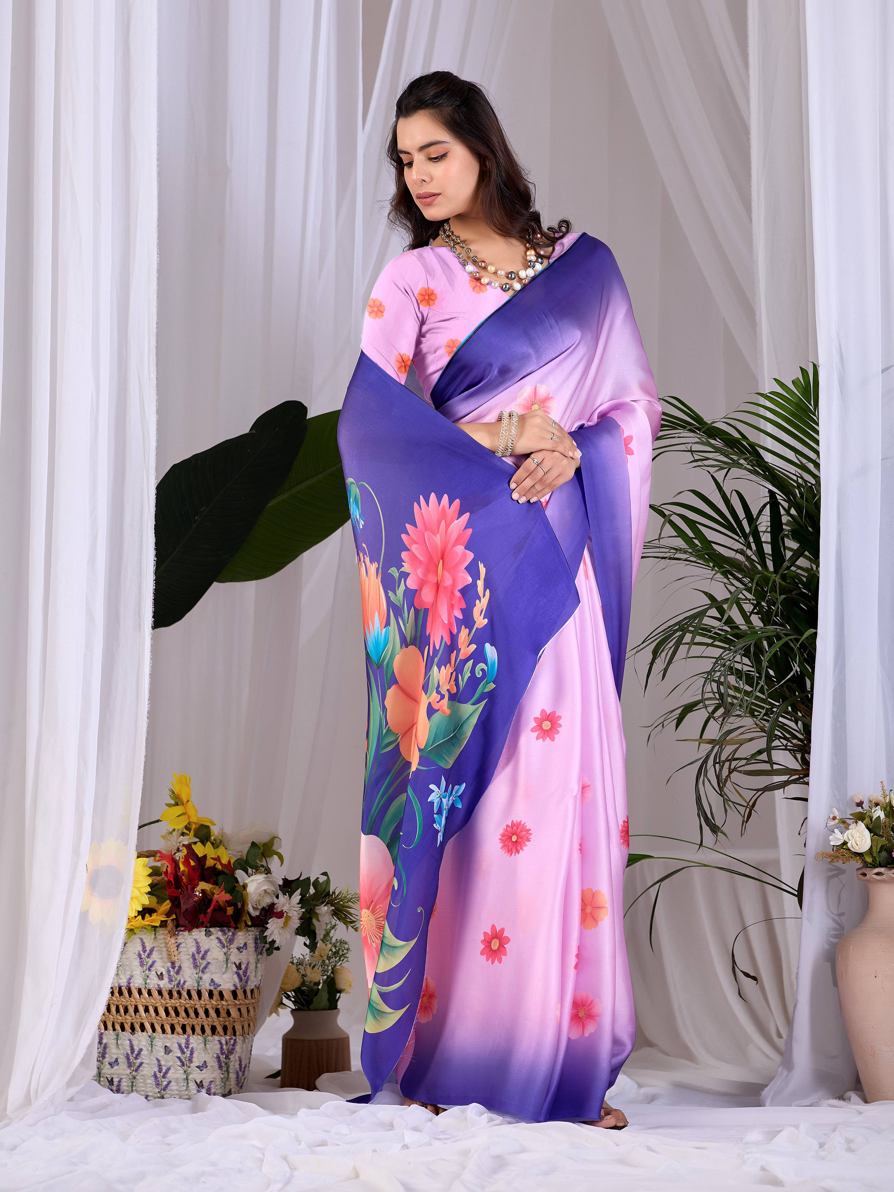 Aastha Fashion Pink Soft Satin Georgette Printed Saree | Grocsy