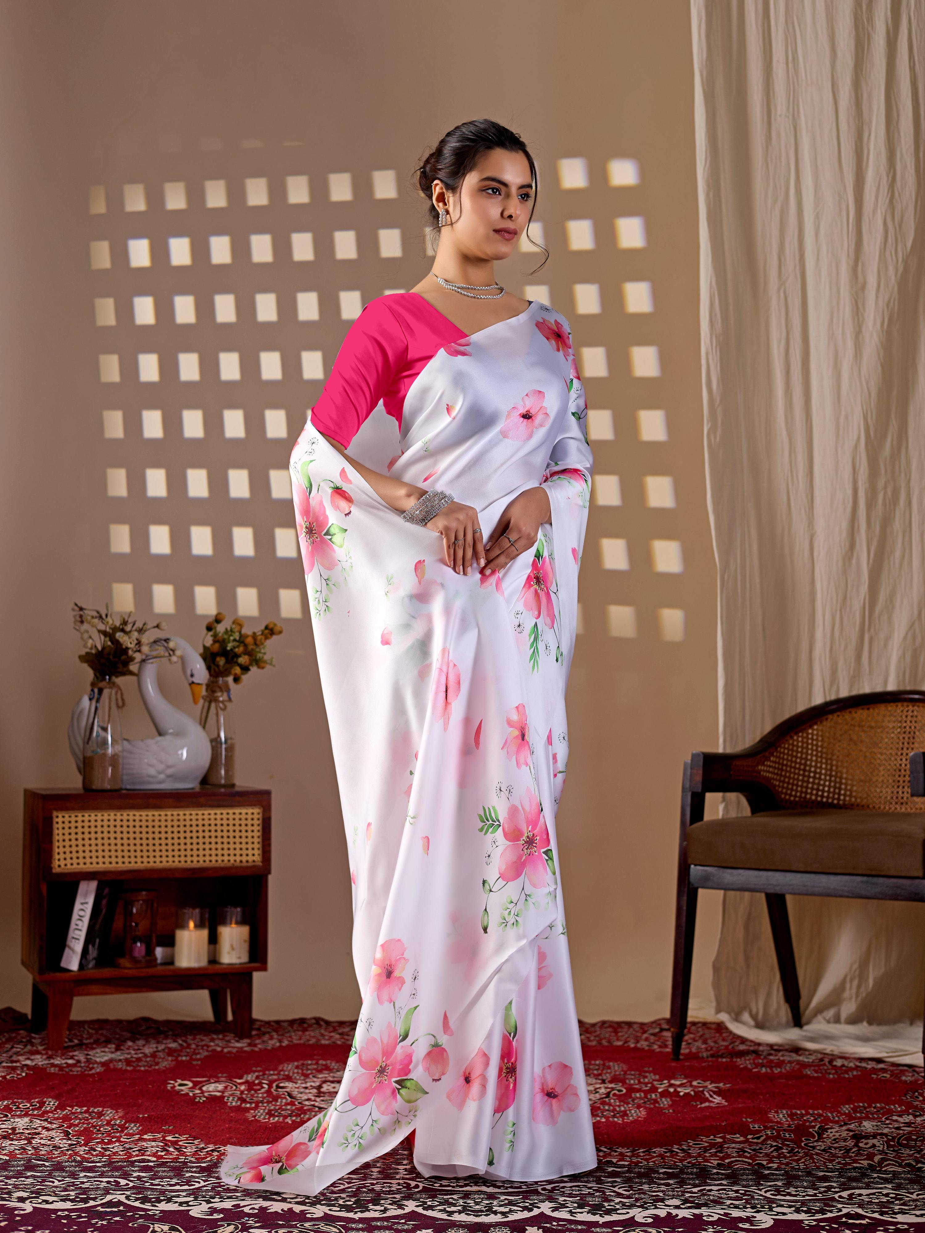 Aastha Fashion White Soft Satin Georgette Printed Saree | Grocsy
