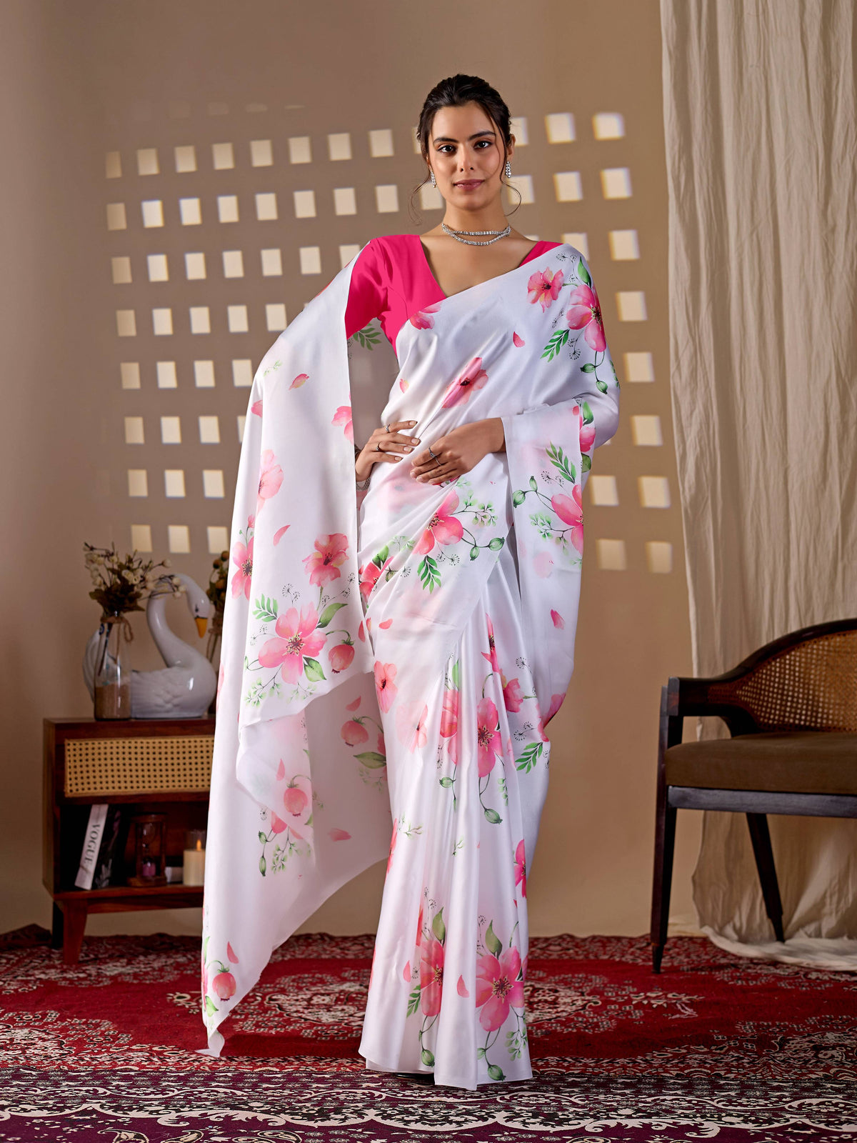 Aastha Fashion White Soft Satin Georgette Printed Saree | Grocsy