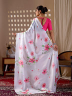 Aastha Fashion White Soft Satin Georgette Printed Saree | Grocsy