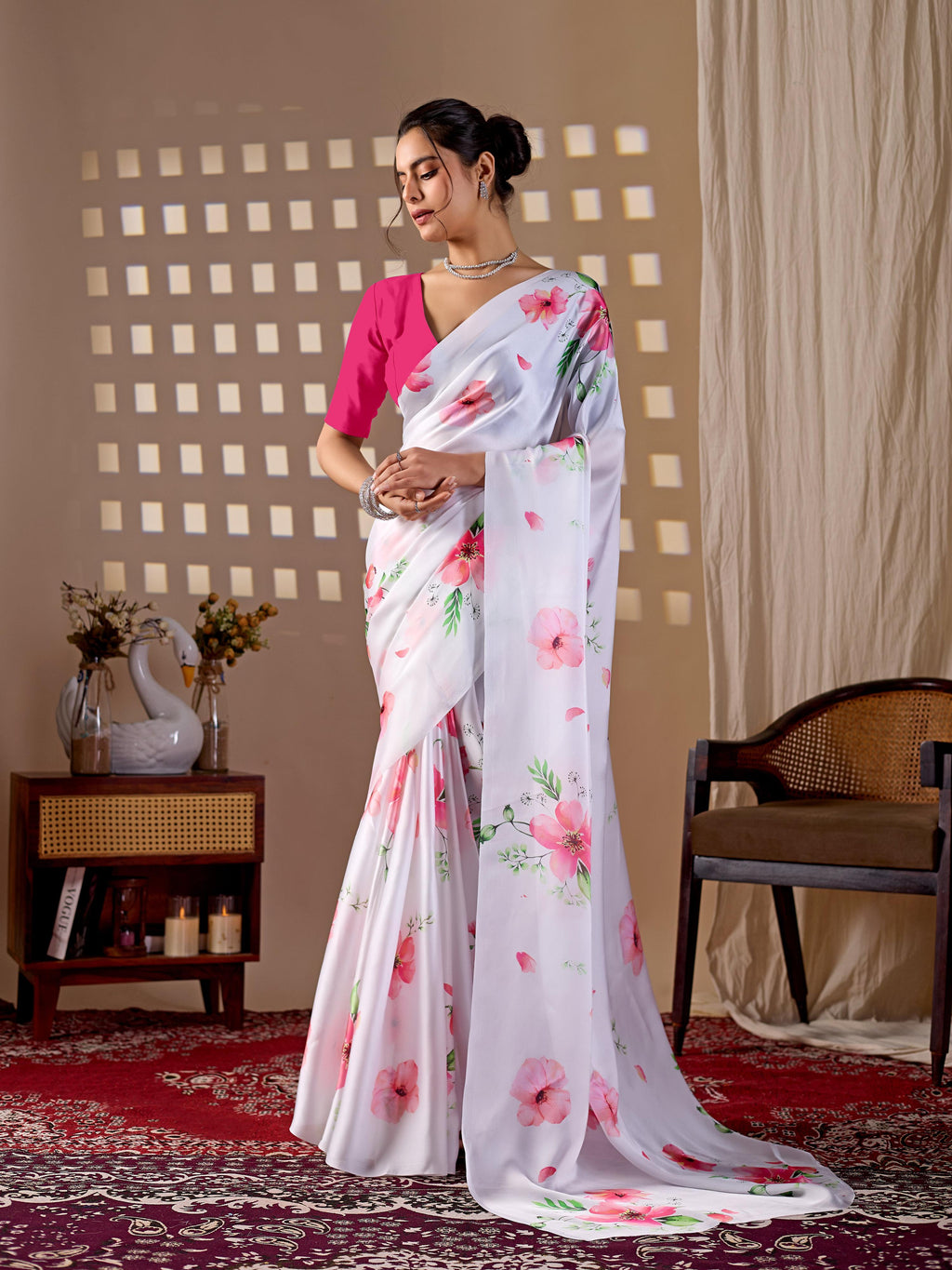 Aastha Fashion White Soft Satin Georgette Printed Saree | Grocsy