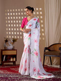 Aastha Fashion White Soft Satin Georgette Printed Saree | Grocsy