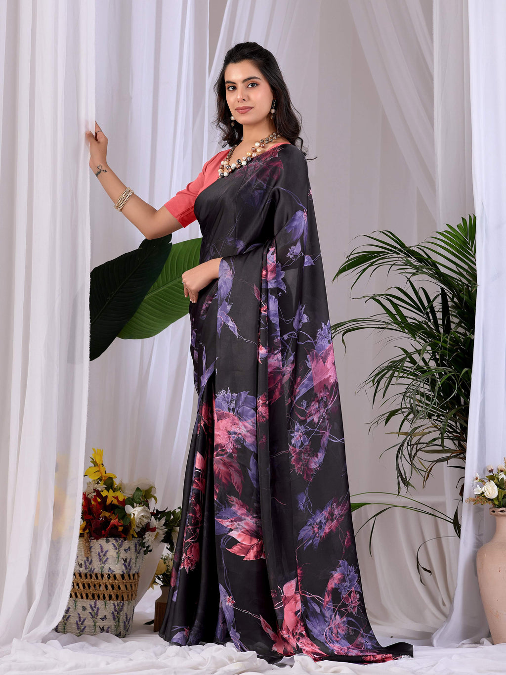 Aastha Fashion Black Soft Satin Georgette Printed Saree | Grocsy