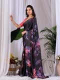 Aastha Fashion Black Soft Satin Georgette Printed Saree | Grocsy
