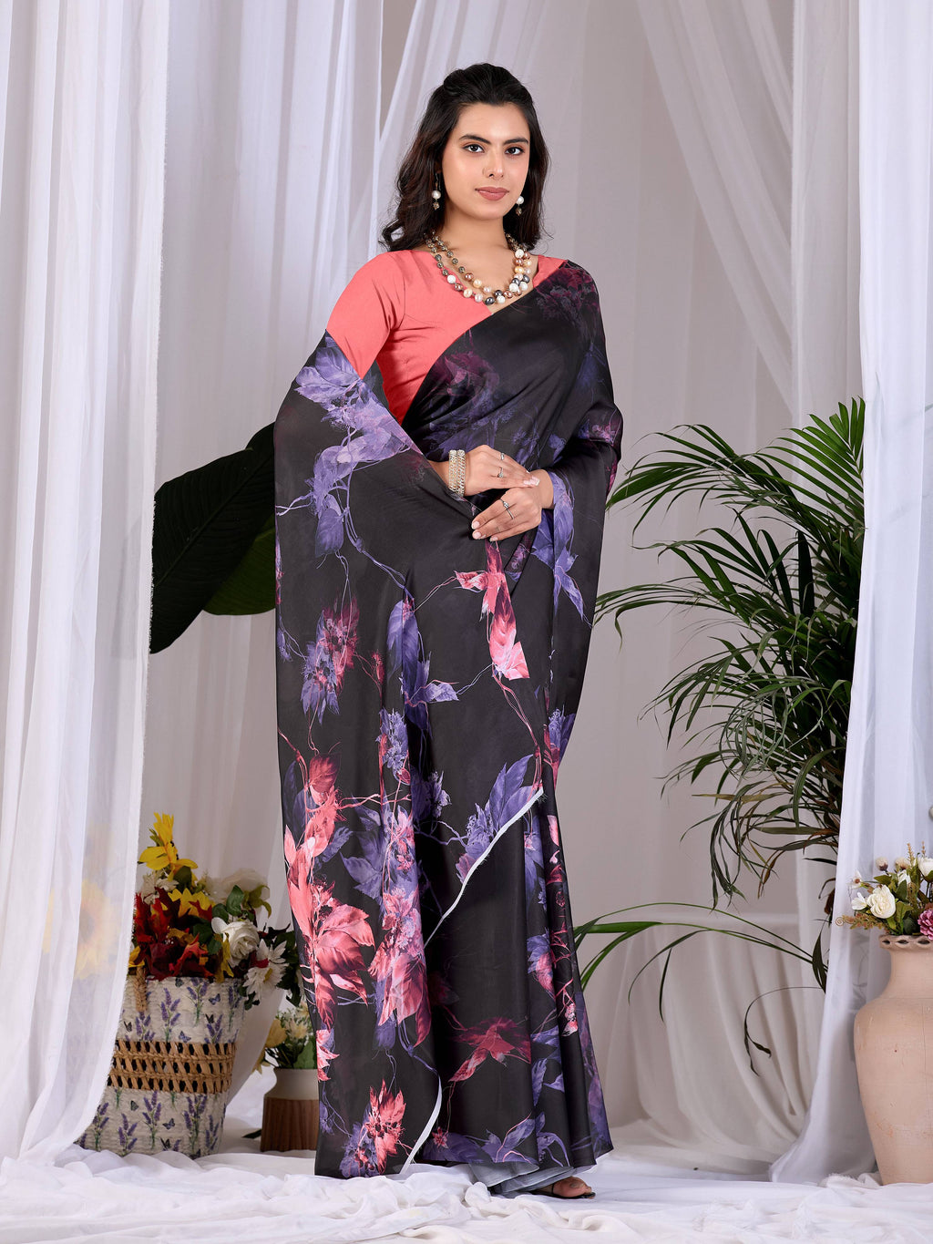 Aastha Fashion Black Soft Satin Georgette Printed Saree | Grocsy