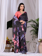 Aastha Fashion Black Soft Satin Georgette Printed Saree | Grocsy