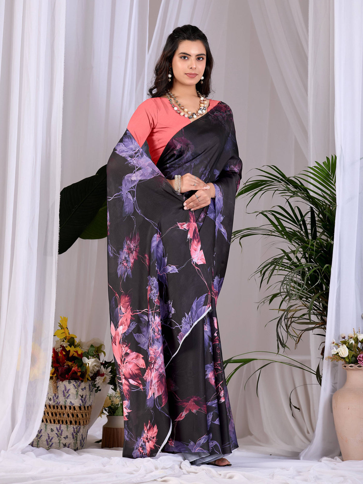 Aastha Fashion Black Soft Satin Georgette Printed Saree | Grocsy