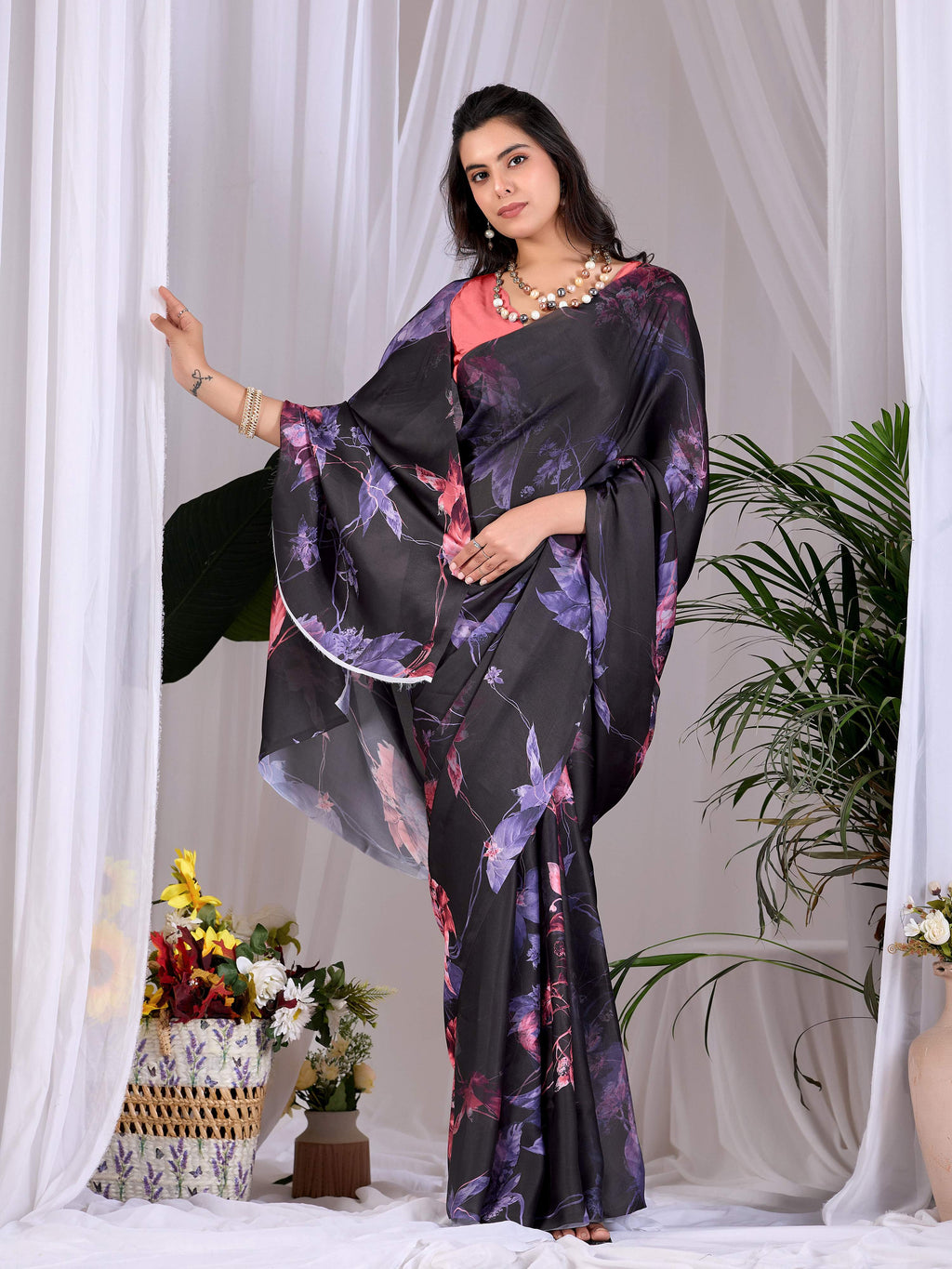 Aastha Fashion Black Soft Satin Georgette Printed Saree | Grocsy