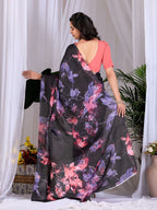 Aastha Fashion Black Soft Satin Georgette Printed Saree | Grocsy