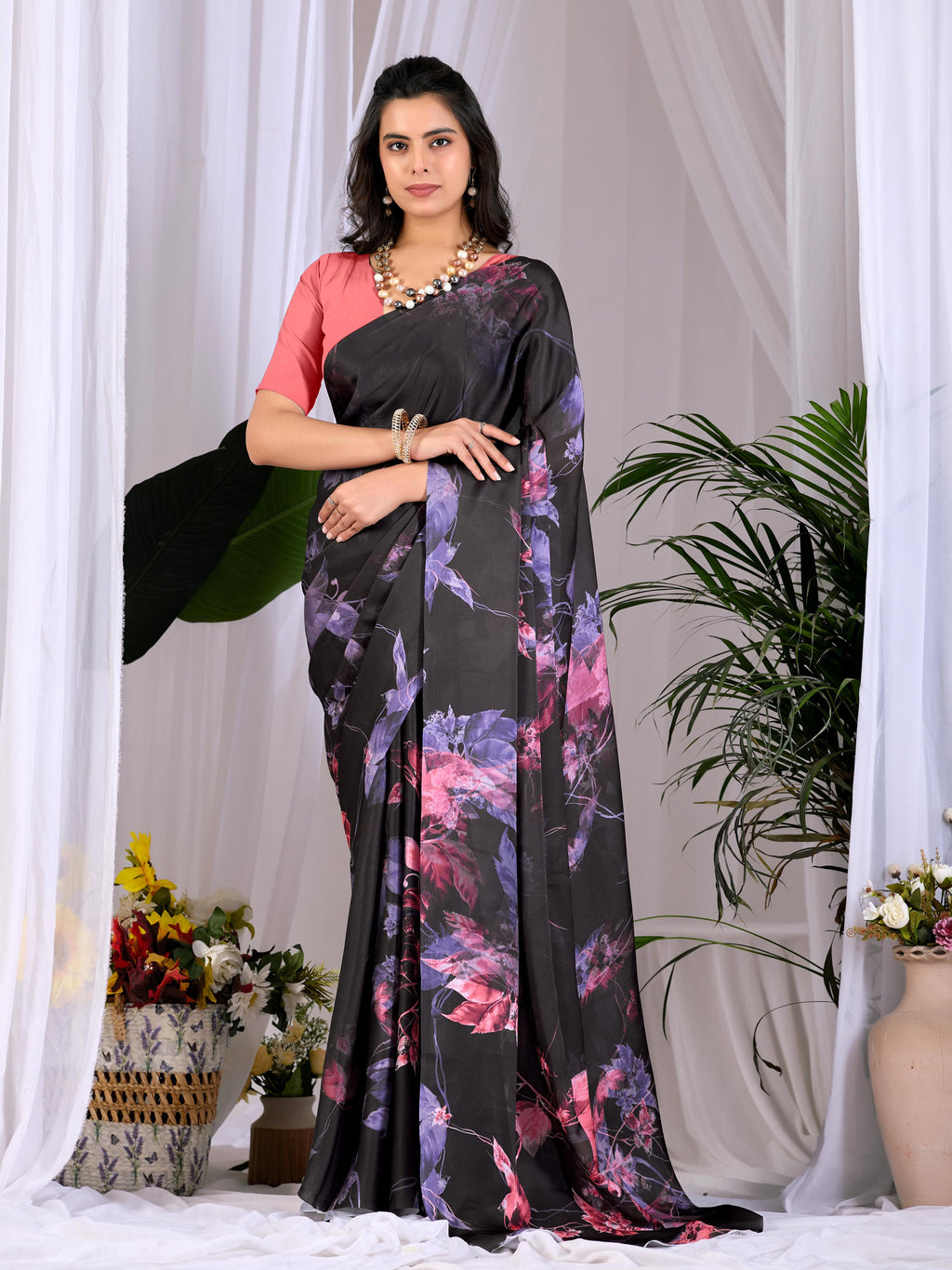 Aastha Fashion Black Soft Satin Georgette Printed Saree | Grocsy