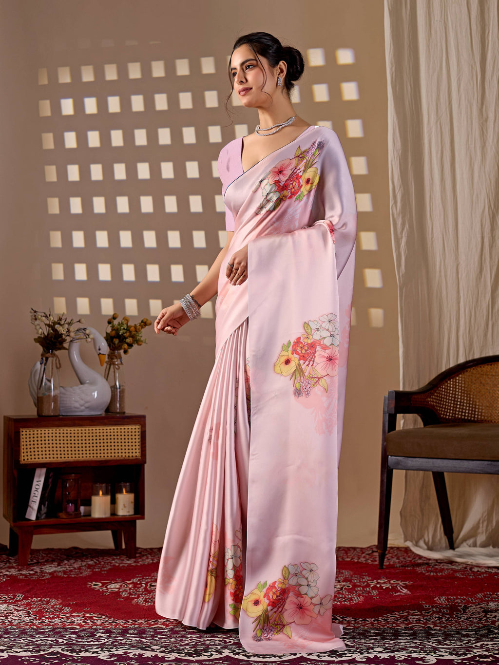 Aastha Fashion Light Pink Soft Satin Georgette Printed Saree | Grocsy