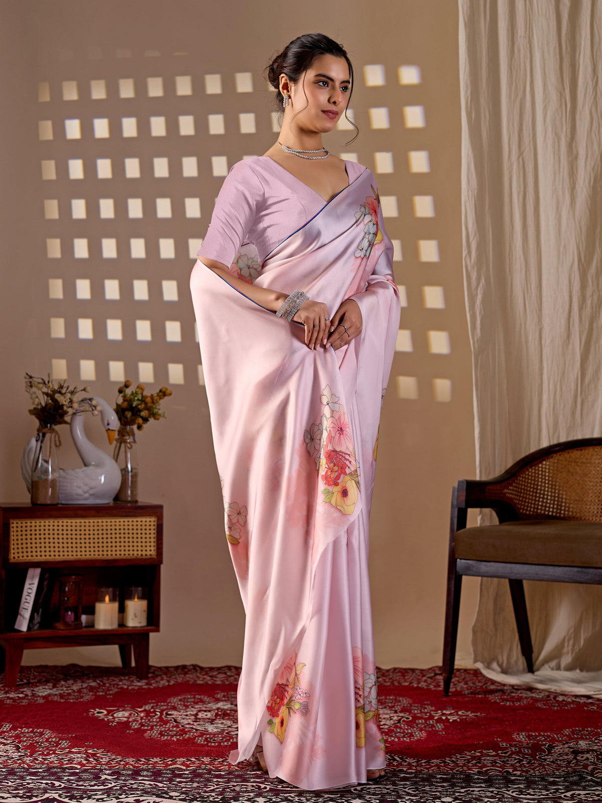 Aastha Fashion Light Pink Soft Satin Georgette Printed Saree | Grocsy