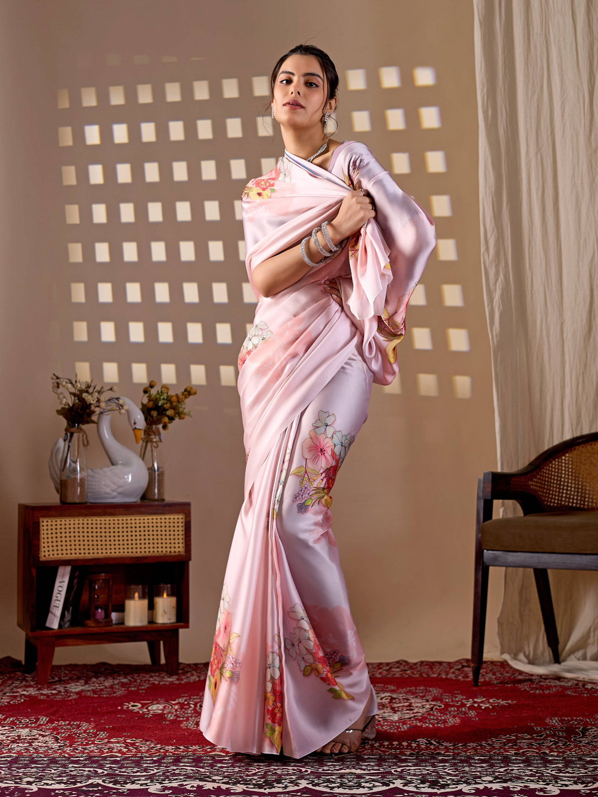 Aastha Fashion Light Pink Soft Satin Georgette Printed Saree | Grocsy