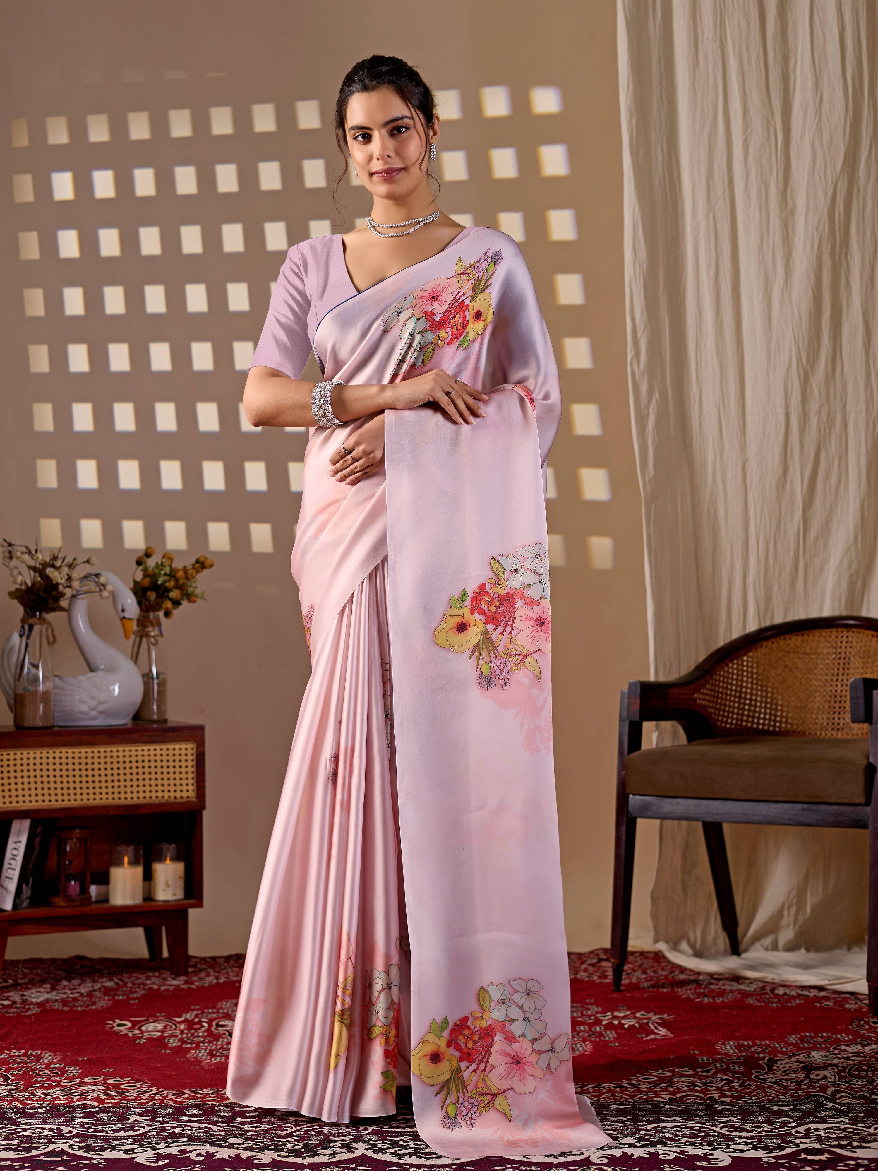 Aastha Fashion Light Pink Soft Satin Georgette Printed Saree | Grocsy