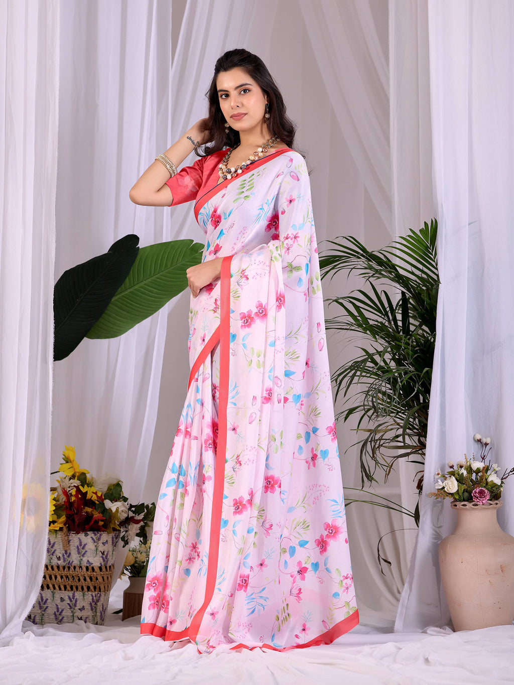 Aastha Fashion Pink Soft Satin Georgette Printed Saree | Grocsy