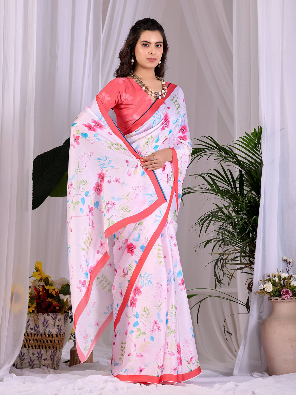 Aastha Fashion Pink Soft Satin Georgette Printed Saree | Grocsy