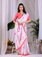 Aastha Fashion Pink Soft Satin Georgette Printed Saree | Grocsy