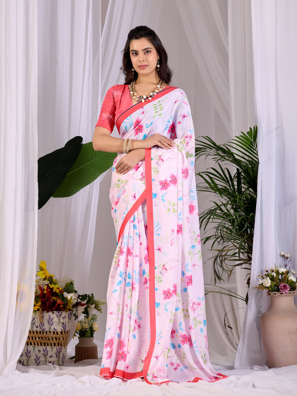 Aastha Fashion Pink Soft Satin Georgette Printed Saree | Grocsy