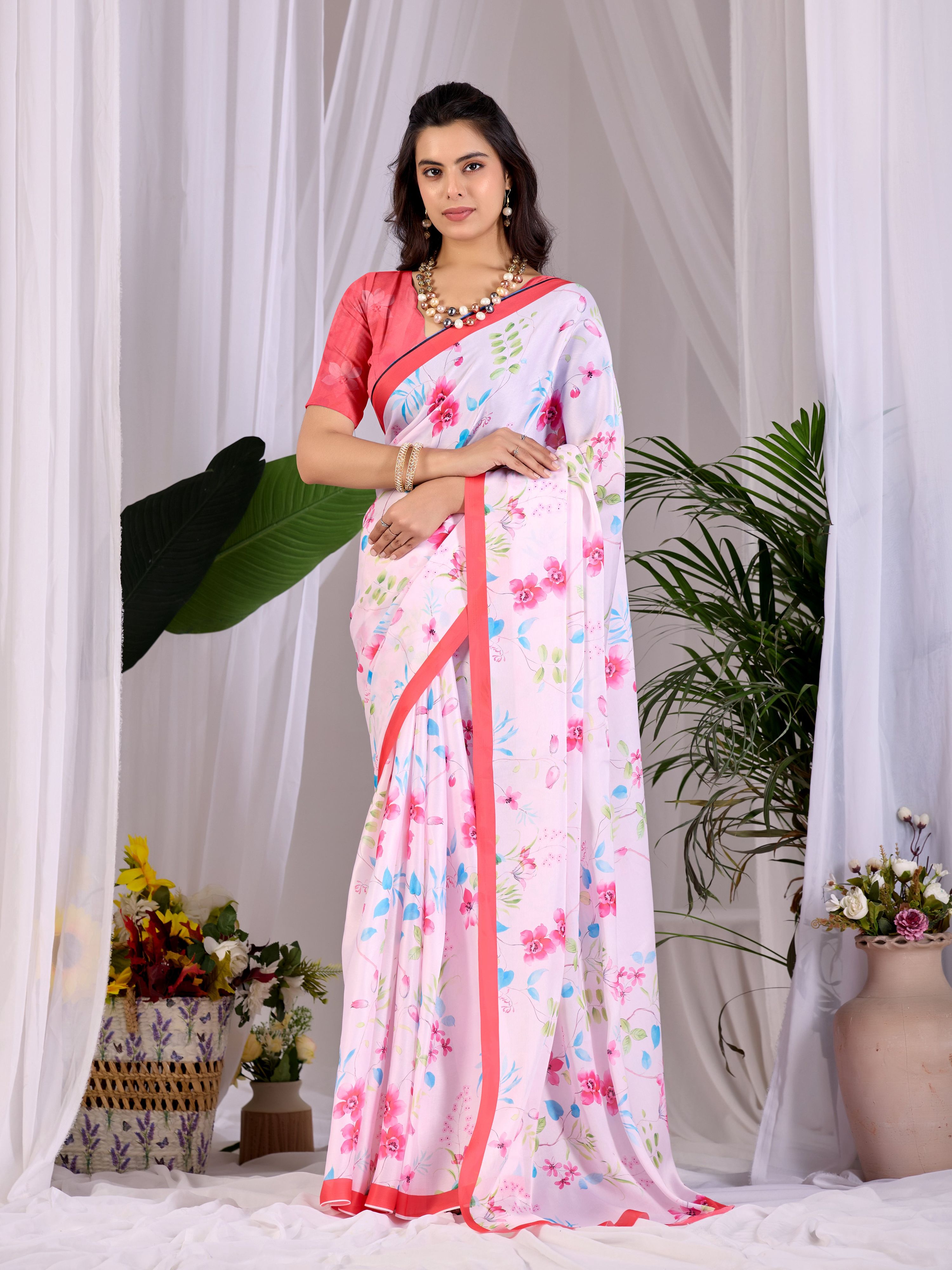 Aastha Fashion Pink Soft Satin Georgette Printed Saree | Grocsy
