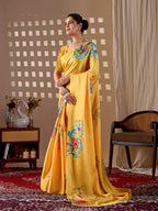 Aastha Fashion Yellow Soft Satin Georgette Printed Saree | Grocsy