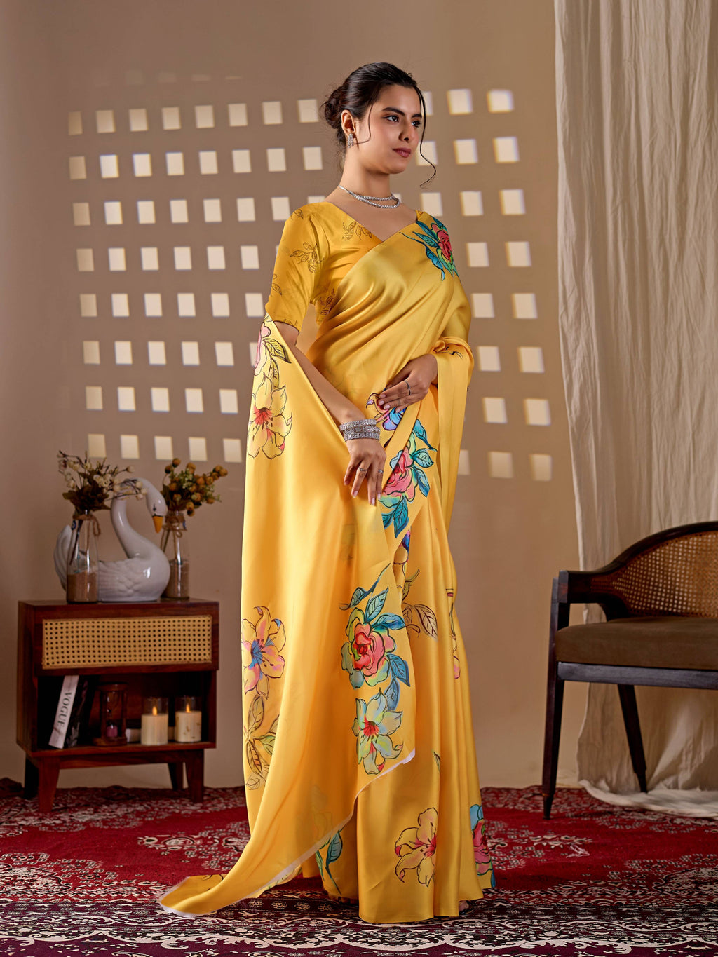 Aastha Fashion Yellow Soft Satin Georgette Printed Saree | Grocsy