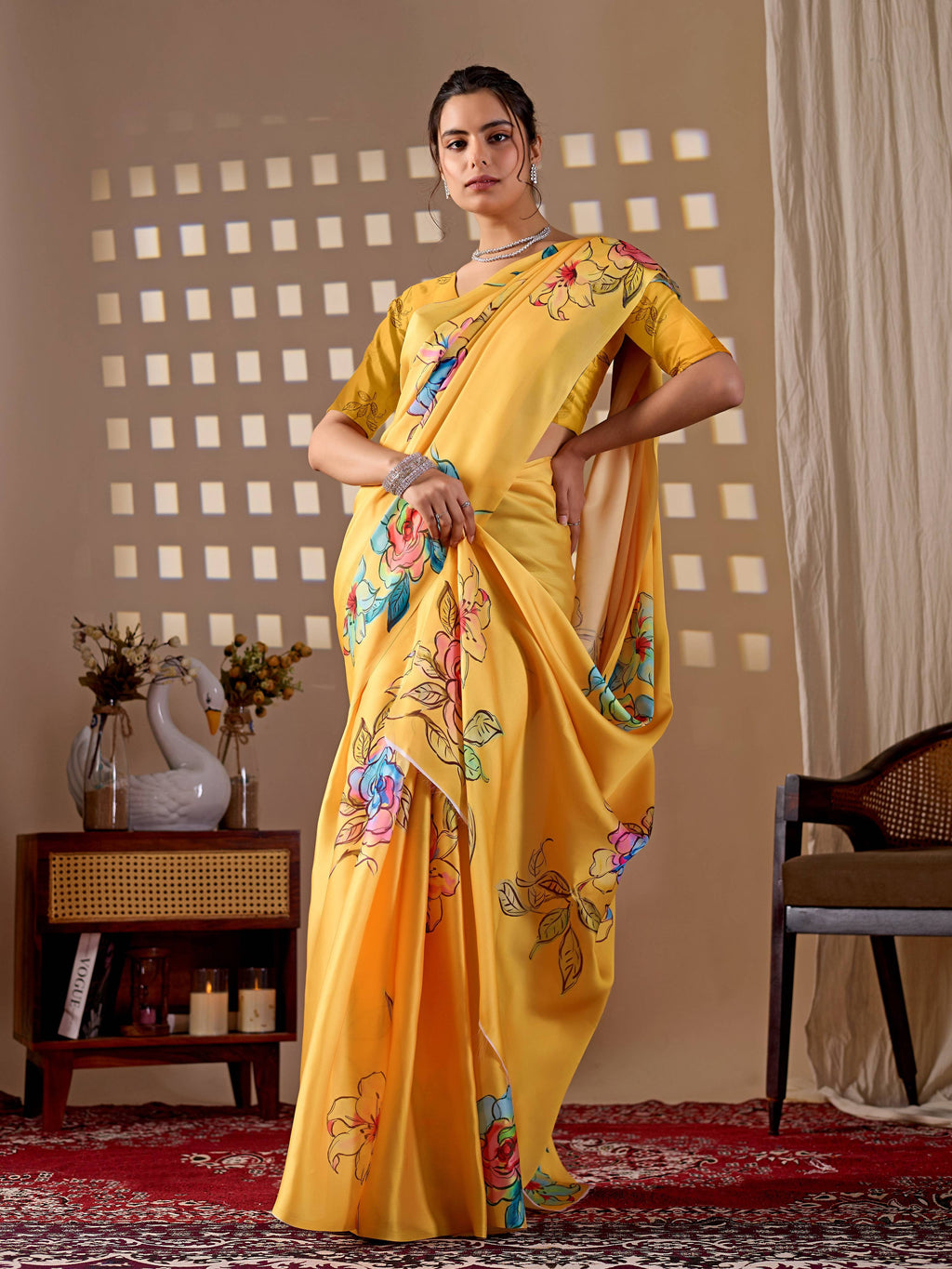Aastha Fashion Yellow Soft Satin Georgette Printed Saree | Grocsy