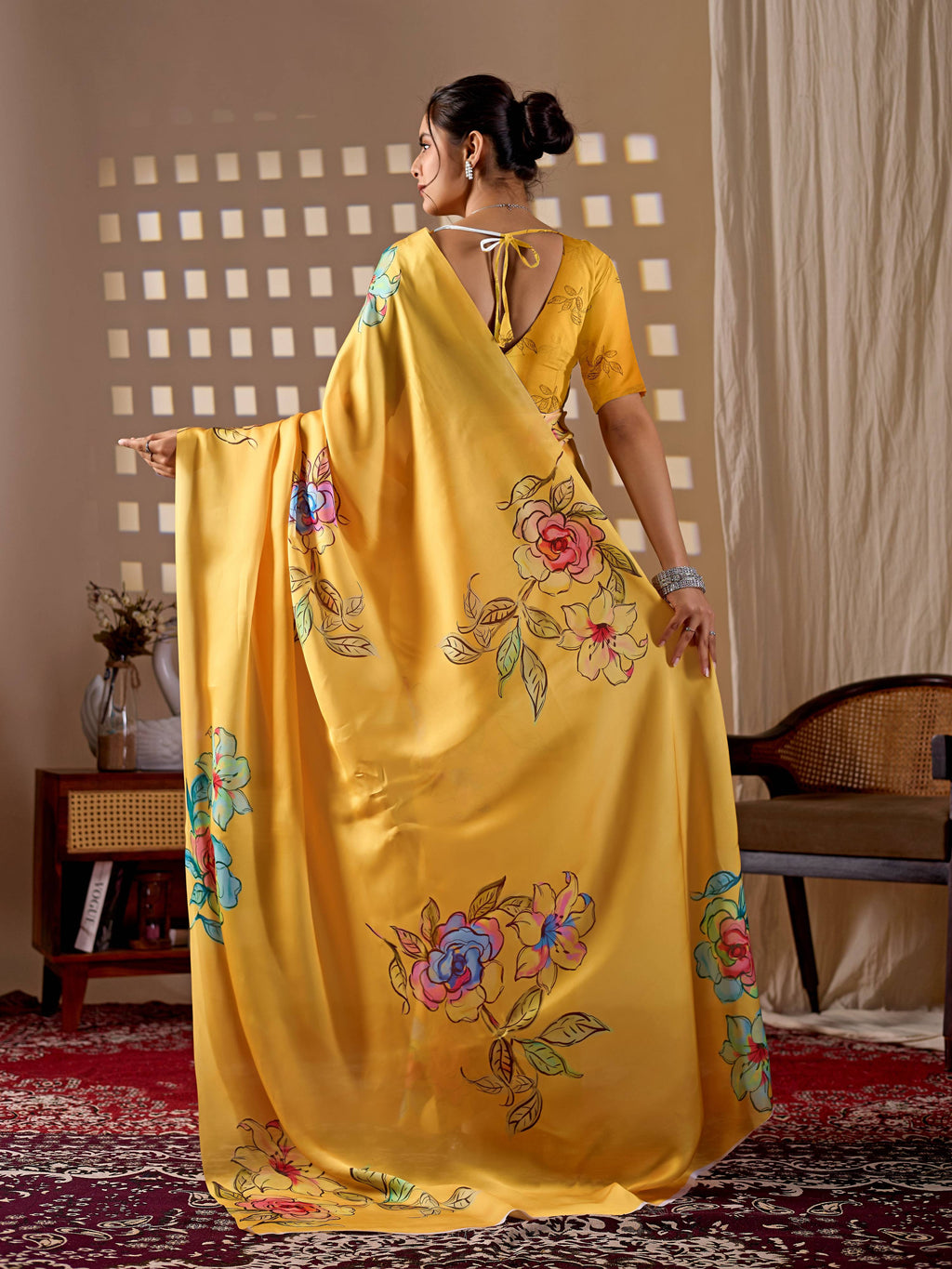 Aastha Fashion Yellow Soft Satin Georgette Printed Saree | Grocsy