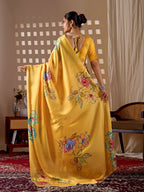 Aastha Fashion Yellow Soft Satin Georgette Printed Saree | Grocsy