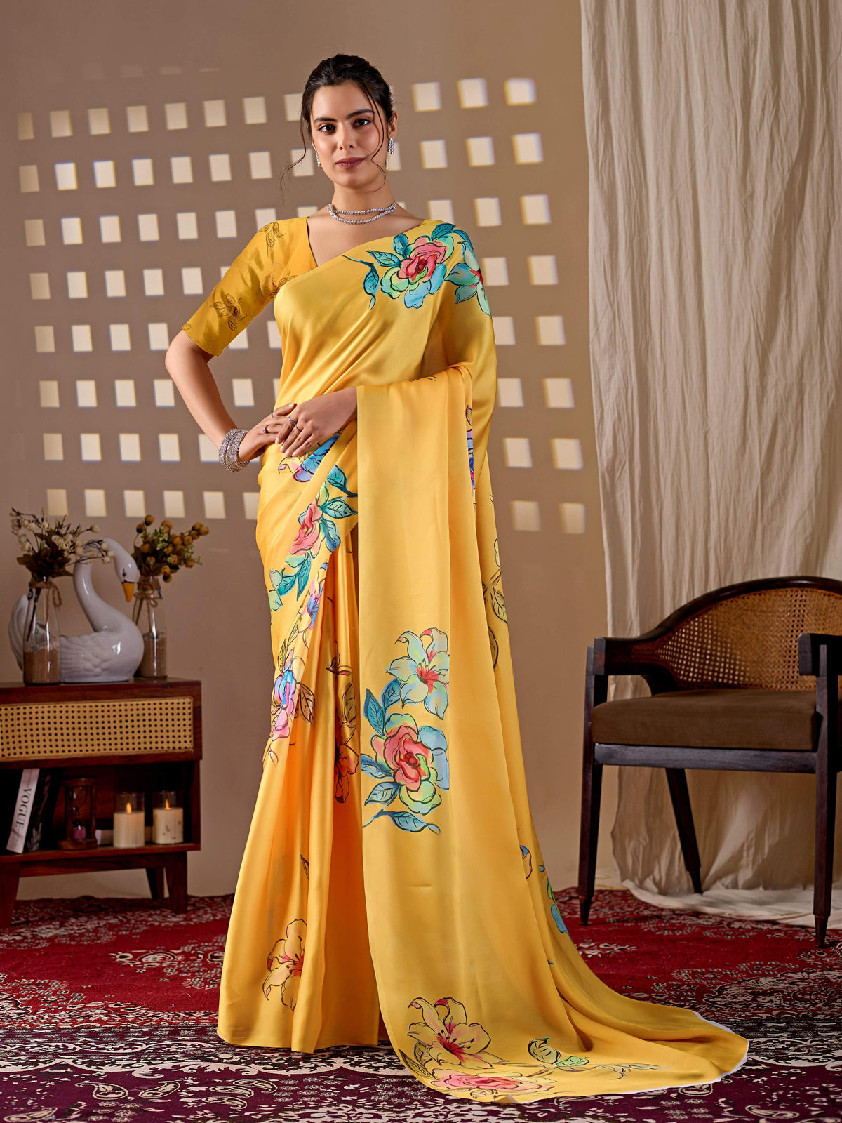 Aastha Fashion Yellow Soft Satin Georgette Printed Saree | Grocsy