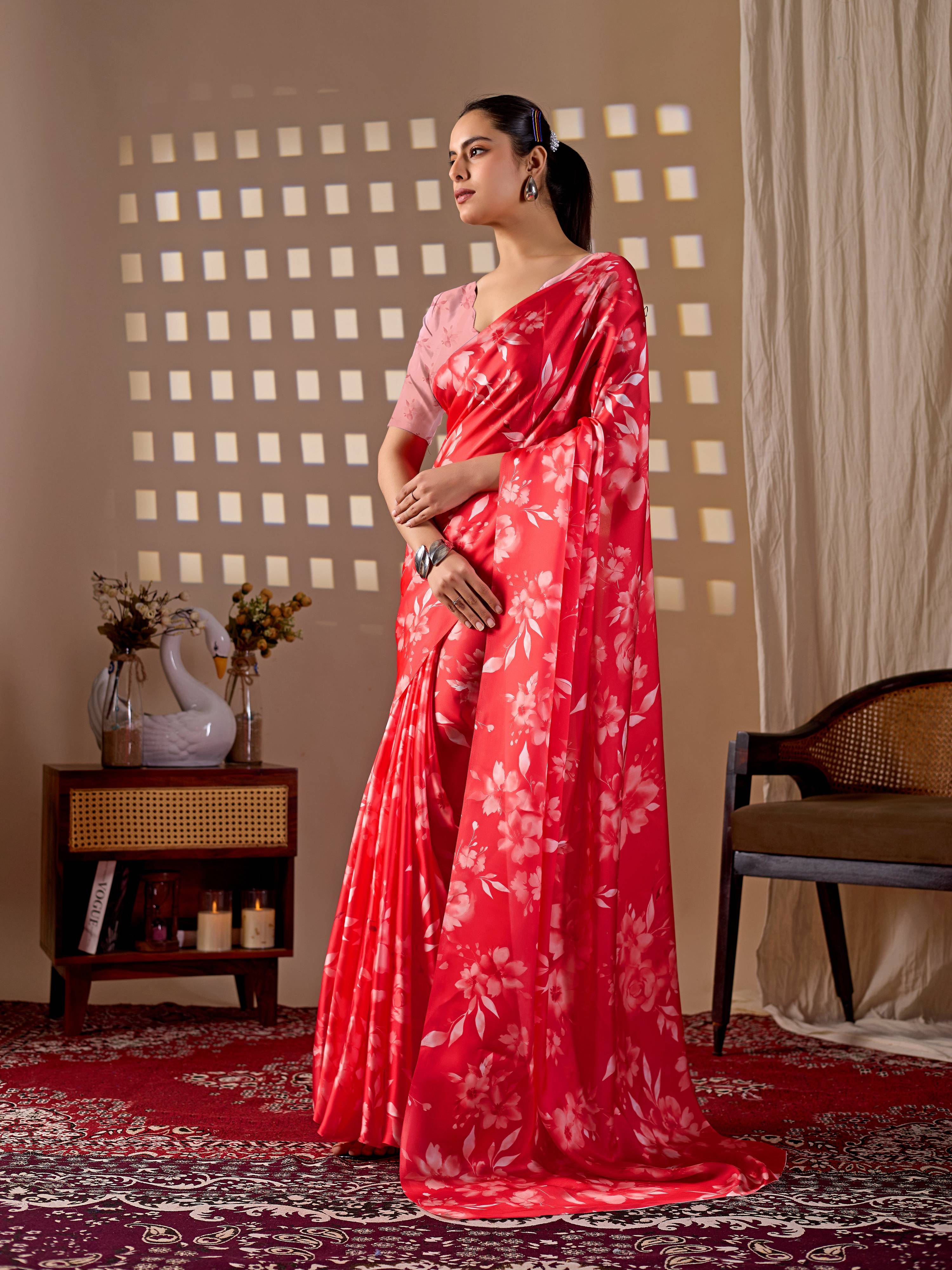 Aastha Fashion Red Soft Satin Georgette Printed Saree | Grocsy