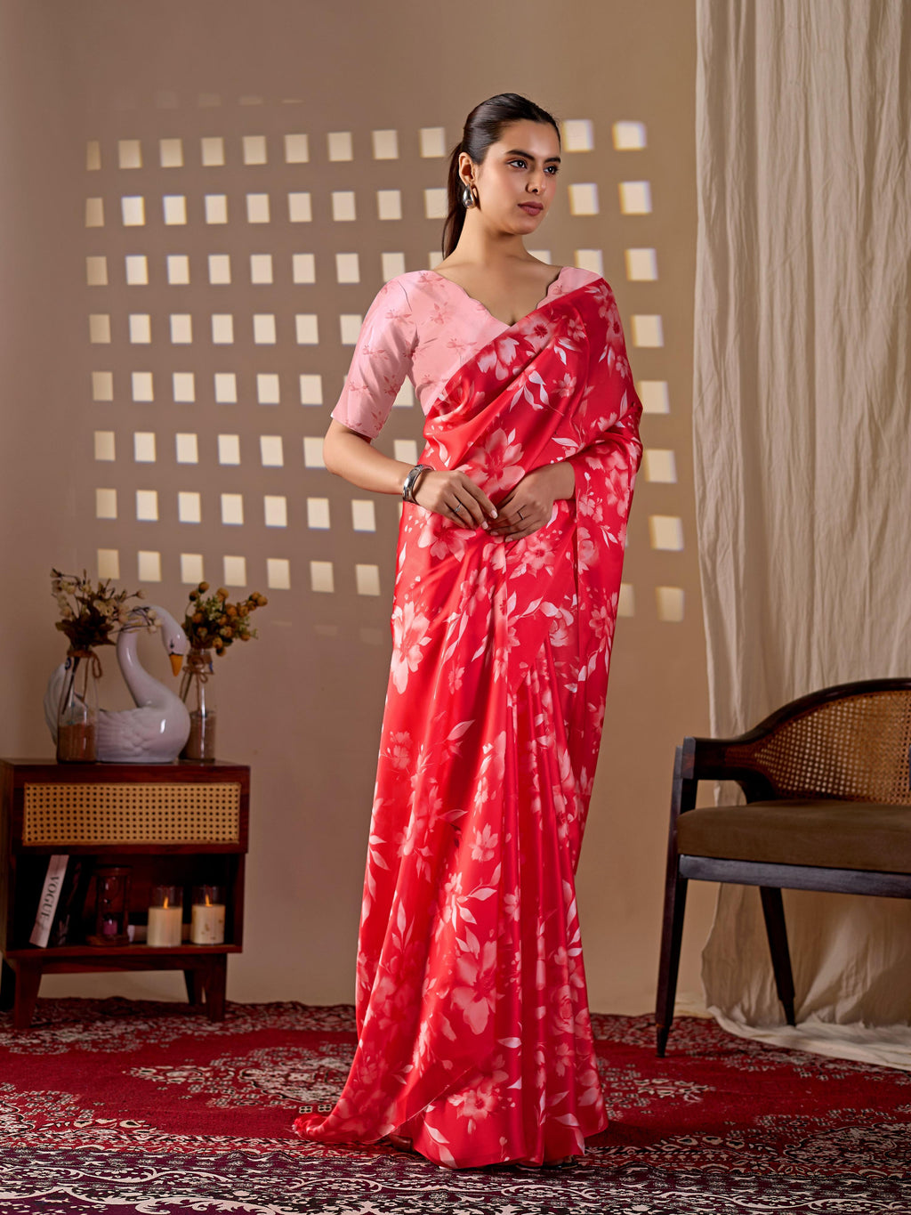 Aastha Fashion Red Soft Satin Georgette Printed Saree | Grocsy