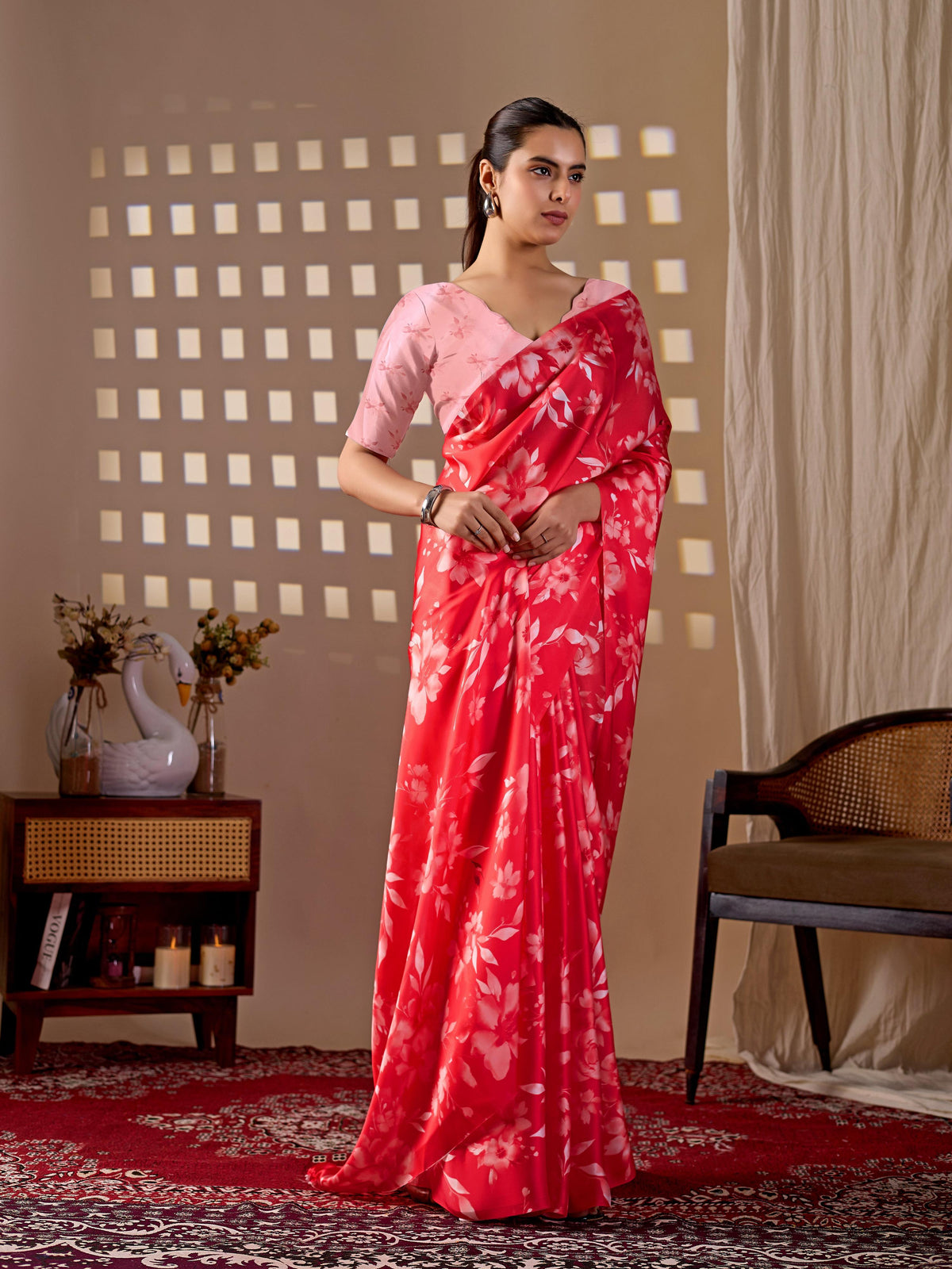 Aastha Fashion Red Soft Satin Georgette Printed Saree | Grocsy