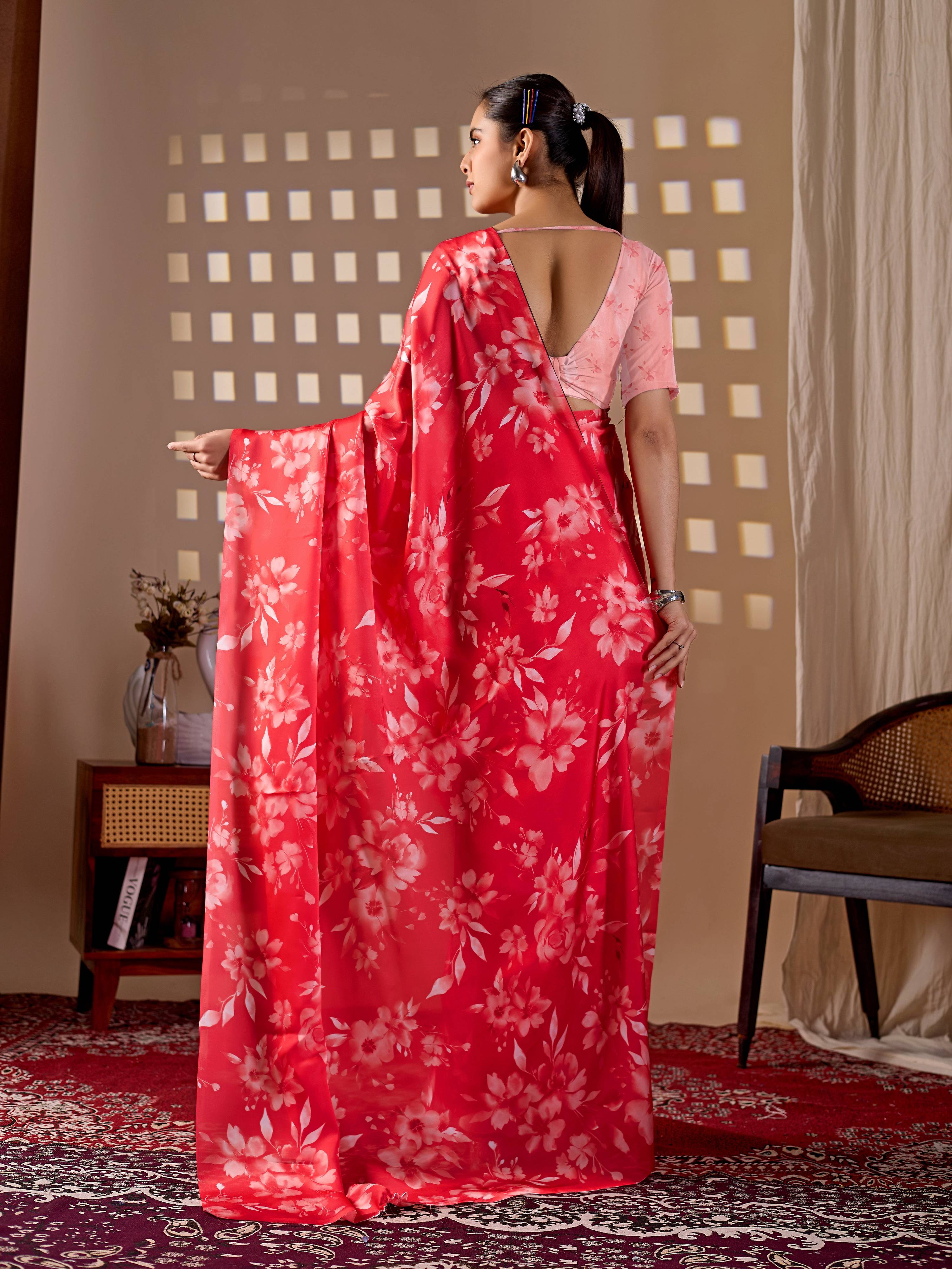 Aastha Fashion Red Soft Satin Georgette Printed Saree | Grocsy