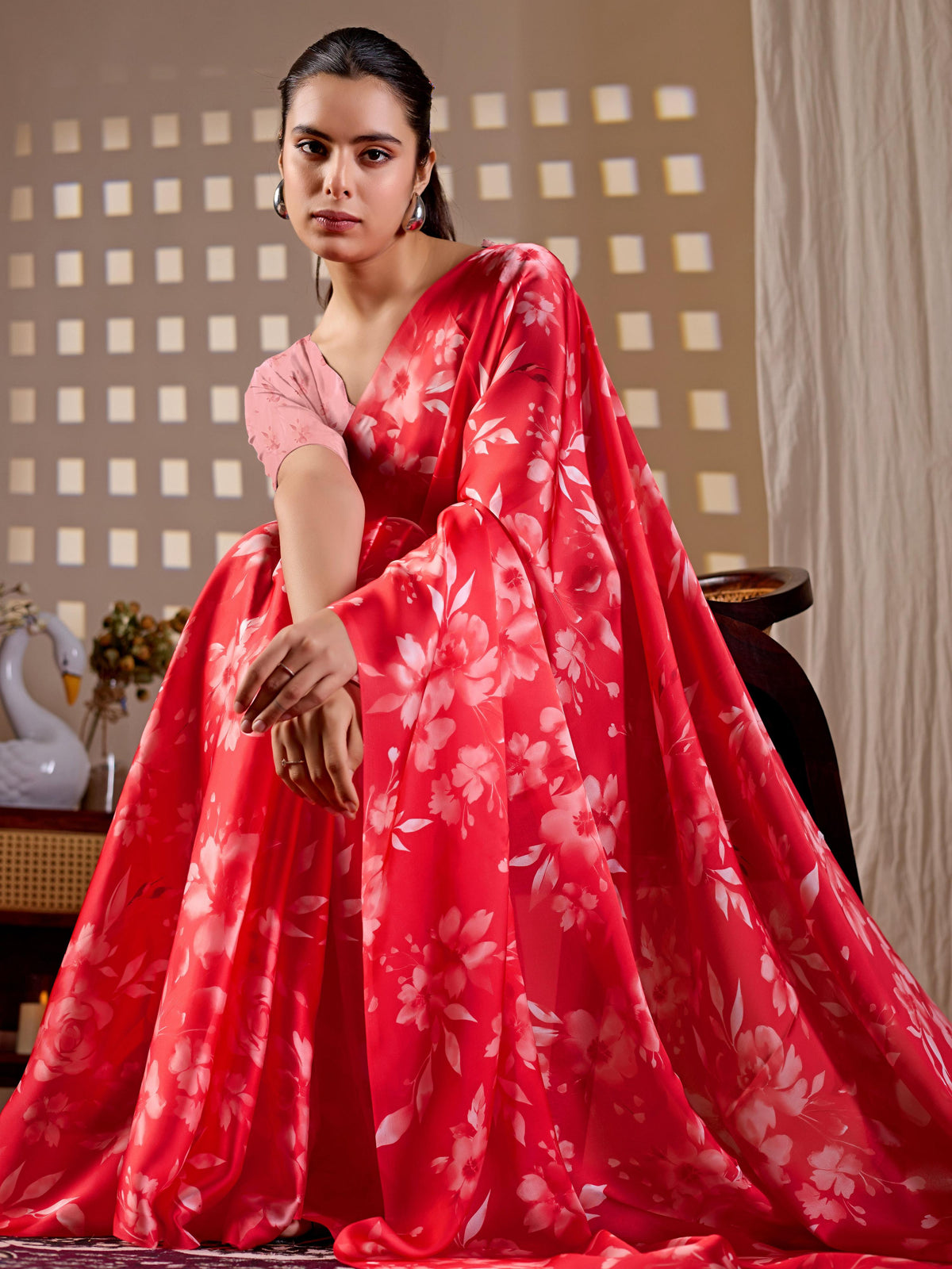 Aastha Fashion Red Soft Satin Georgette Printed Saree | Grocsy