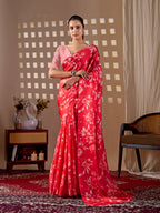 Aastha Fashion Red Soft Satin Georgette Printed Saree | Grocsy