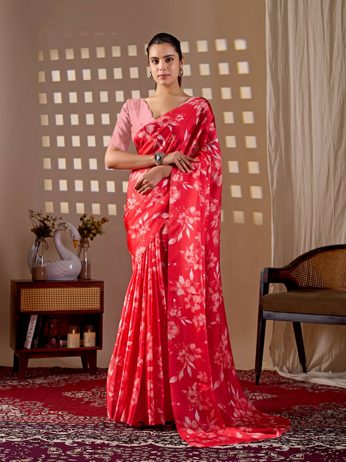 Aastha Fashion Red Soft Satin Georgette Printed Saree | Grocsy