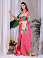 Aastha Fashion Pink Soft Satin Georgette Printed Saree | Grocsy