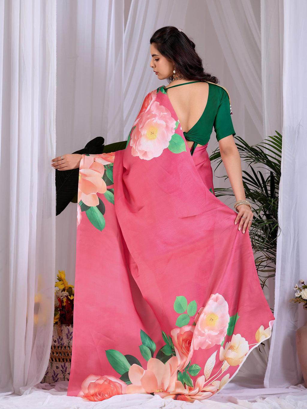 Aastha Fashion Pink Soft Satin Georgette Printed Saree | Grocsy