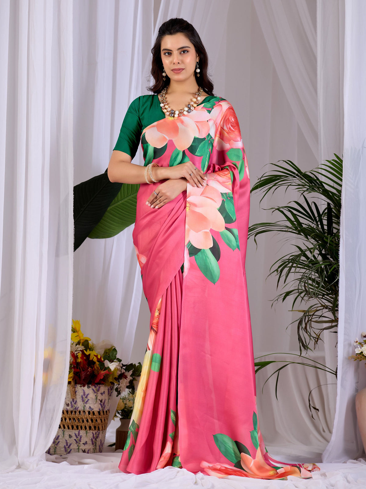 Aastha Fashion Pink Soft Satin Georgette Printed Saree | Grocsy