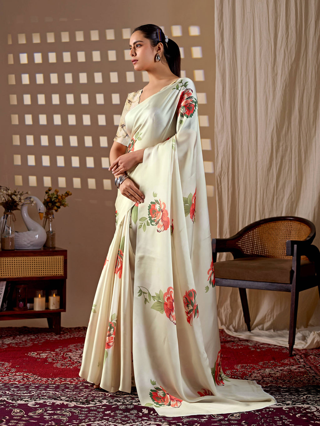 Aastha Fashion Cream Soft Satin Georgette Printed Saree | Grocsy