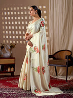Aastha Fashion Cream Soft Satin Georgette Printed Saree | Grocsy